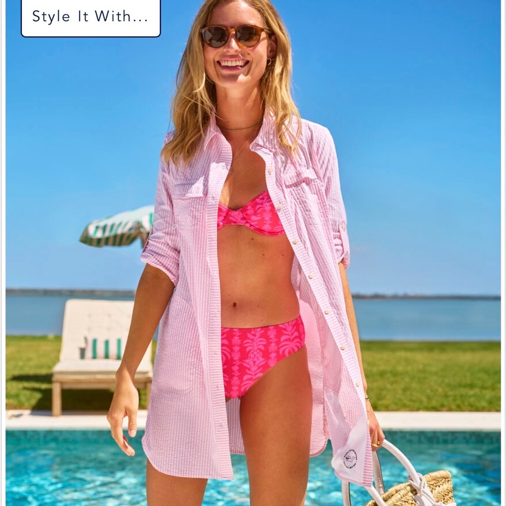 NWT- Vineyard Vines Pink Striped Harbor Button-Down Swim Coverup - Picture 2 of 11